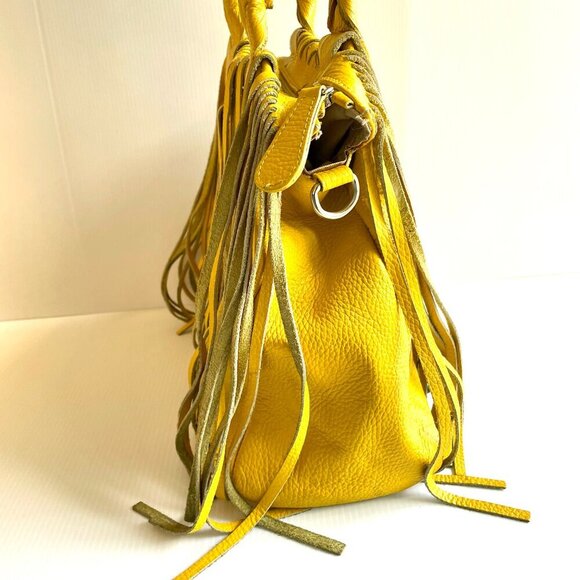 Alberta Di Canio Fringe Shoulder Bag Pebbled Leather Yellow Boho Western Hippie - Picture 7 of 16